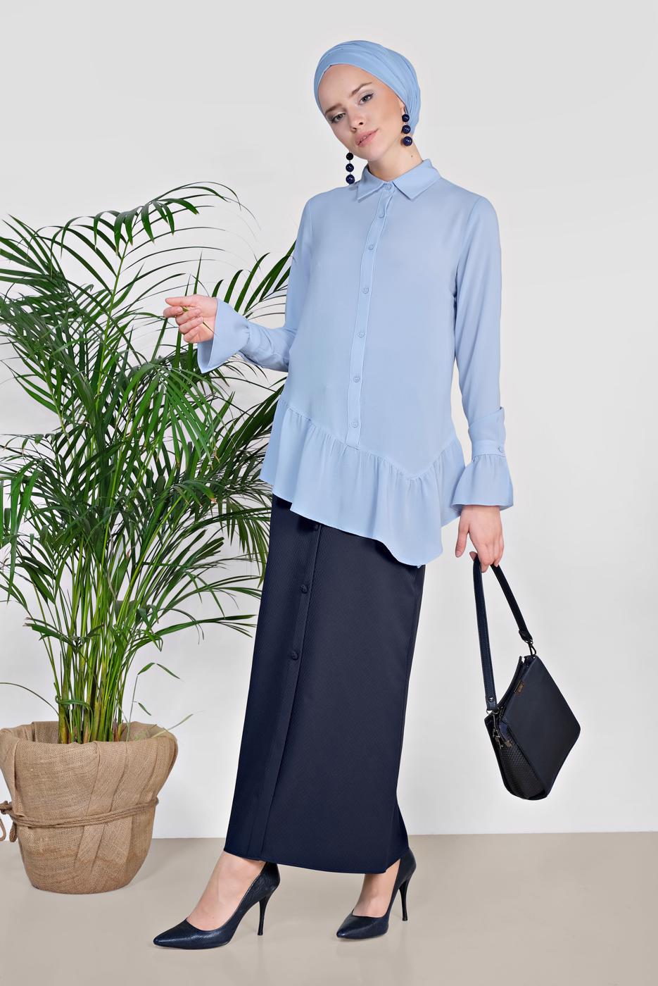 Tesettür giyim MAVİ ALVİNA ETEK UCU FIRFIRLI BLUZ 4234