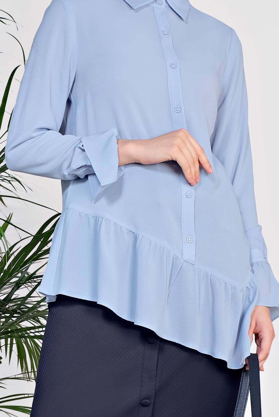 Tesettür giyim MAVİ ALVİNA ETEK UCU FIRFIRLI BLUZ 4234