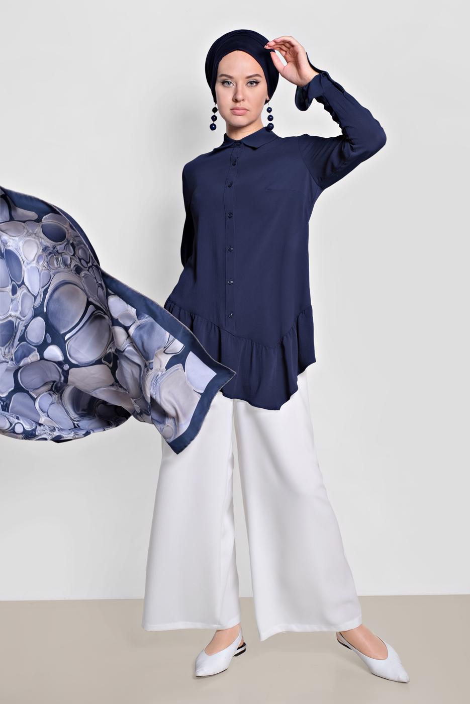 Tesettür giyim LACİVERT ALVİNA ETEK UCU FIRFIRLI BLUZ 4234