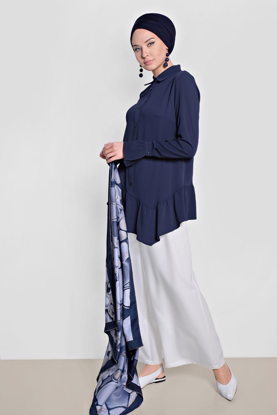 Tesettür giyim LACİVERT ALVİNA ETEK UCU FIRFIRLI BLUZ 4234