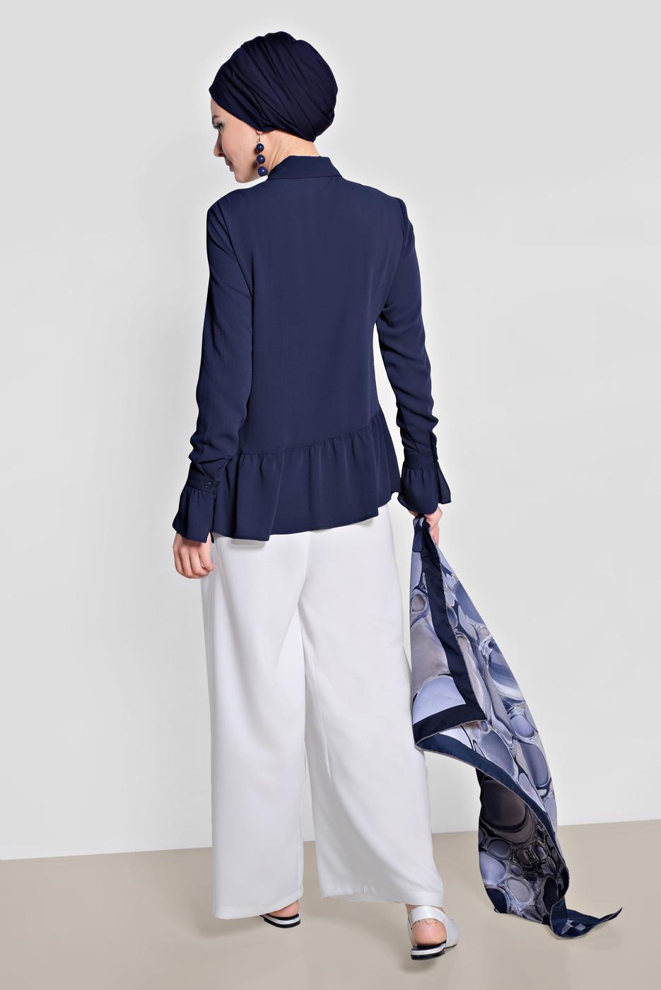 Tesettür giyim LACİVERT ALVİNA ETEK UCU FIRFIRLI BLUZ 4234