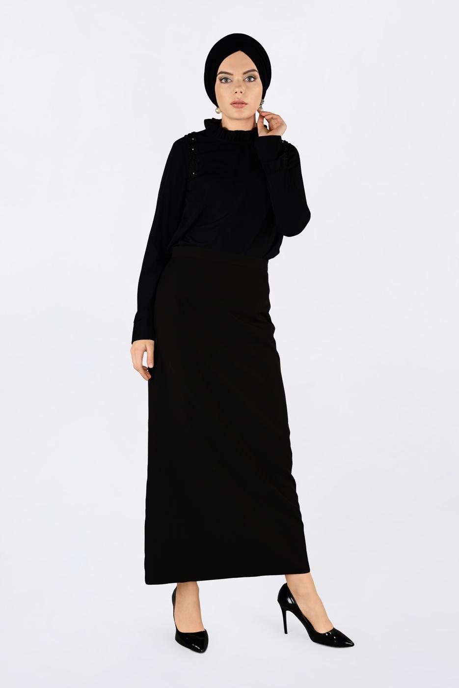 Tesettür giyim SİYAH ALVİNA YAKASI FIRFIRLI İŞLEME DETAYLI BLUZ 4336