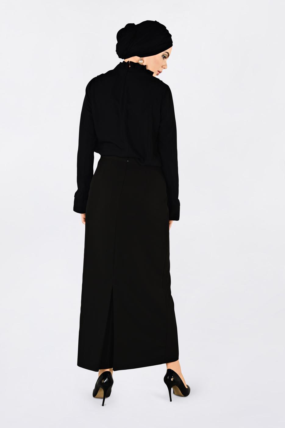 Tesettür giyim SİYAH ALVİNA YAKASI FIRFIRLI İŞLEME DETAYLI BLUZ 4336