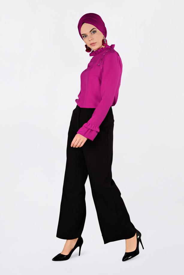 Hijab clothing FUCHSIA ALVINA EMBROIDERED RUFFLED COLLAR BLOUSE T 4336   - TRENDTESETTÜR