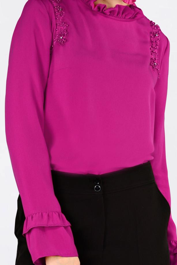 Hijab clothing FUCHSIA ALVINA EMBROIDERED RUFFLED COLLAR BLOUSE T 4336   - TRENDTESETTÜR
