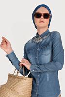 Tesettür giyim MAVİ ALVİNA ÇITÇIT DÜĞMELİ DENİM BLUZ 4956