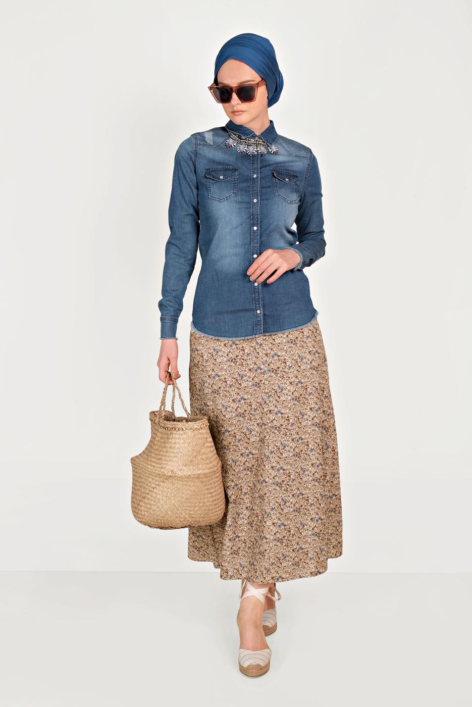 Tesettür giyim MAVİ ALVİNA ÇITÇIT DÜĞMELİ DENİM BLUZ 4956