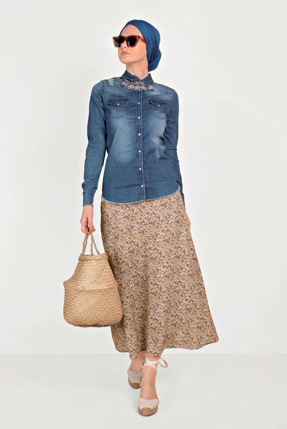 Tesettür giyim MAVİ ALVİNA ÇITÇIT DÜĞMELİ DENİM BLUZ 4956