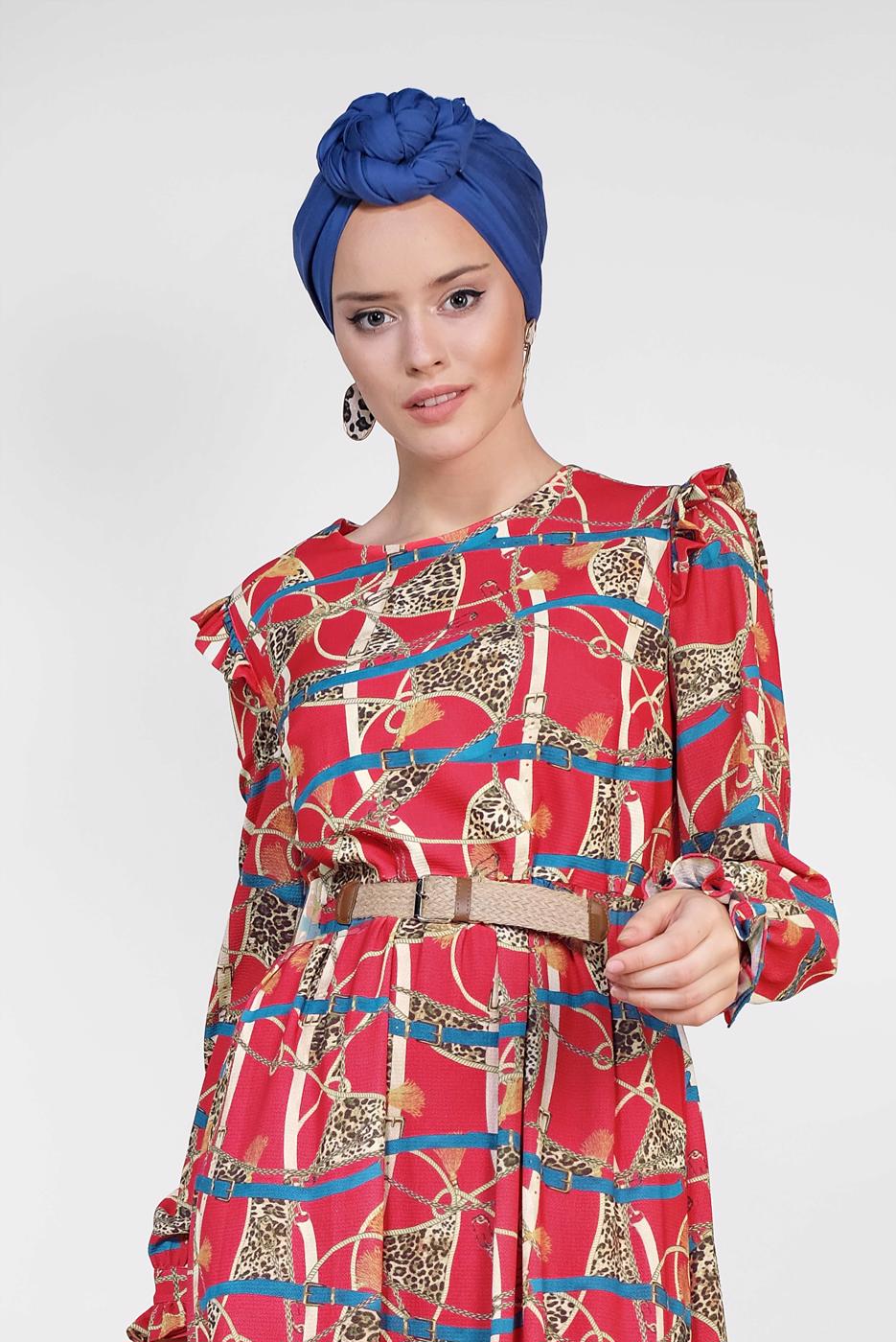Tesettür giyim KIRMIZI ALVİNA MİX DESENLİ ELBİSE 4104