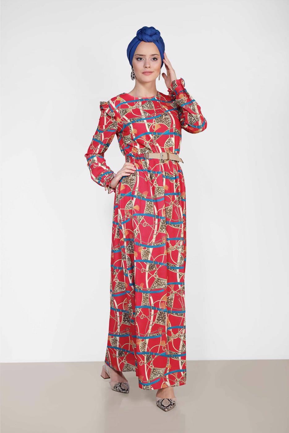 Tesettür giyim KIRMIZI ALVİNA MİX DESENLİ ELBİSE 4104