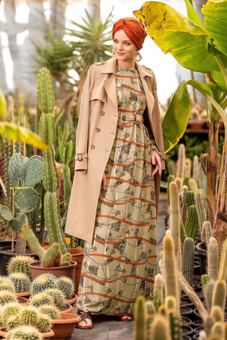 Tesettür giyim KAHVE ALVİNA MİX DESENLİ ELBİSE 4104