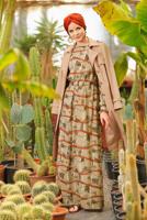 Tesettür giyim KAHVE ALVİNA MİX DESENLİ ELBİSE 4104