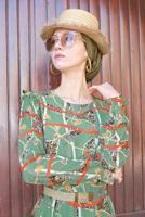 Tesettür giyim YEŞİL ALVİNA MİX DESENLİ ELBİSE 4104