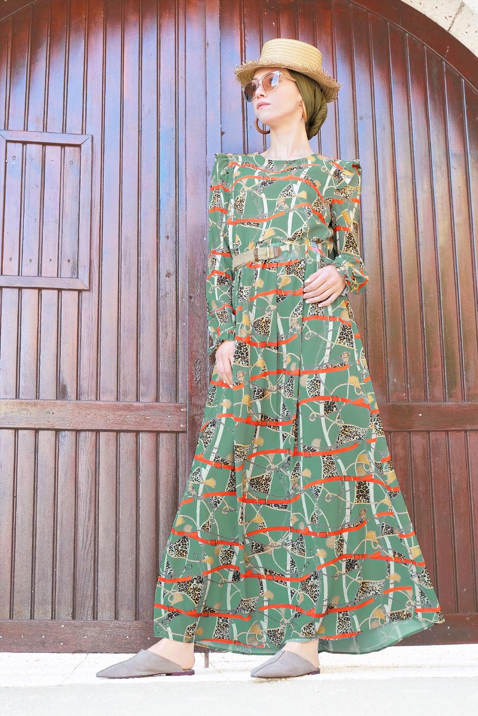 Tesettür giyim YEŞİL ALVİNA MİX DESENLİ ELBİSE 4104