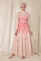 Tesettür giyim PUDRA ALVİNA FLORAL DESENLİ BELİ KUŞAKLI ELBİSE 4144