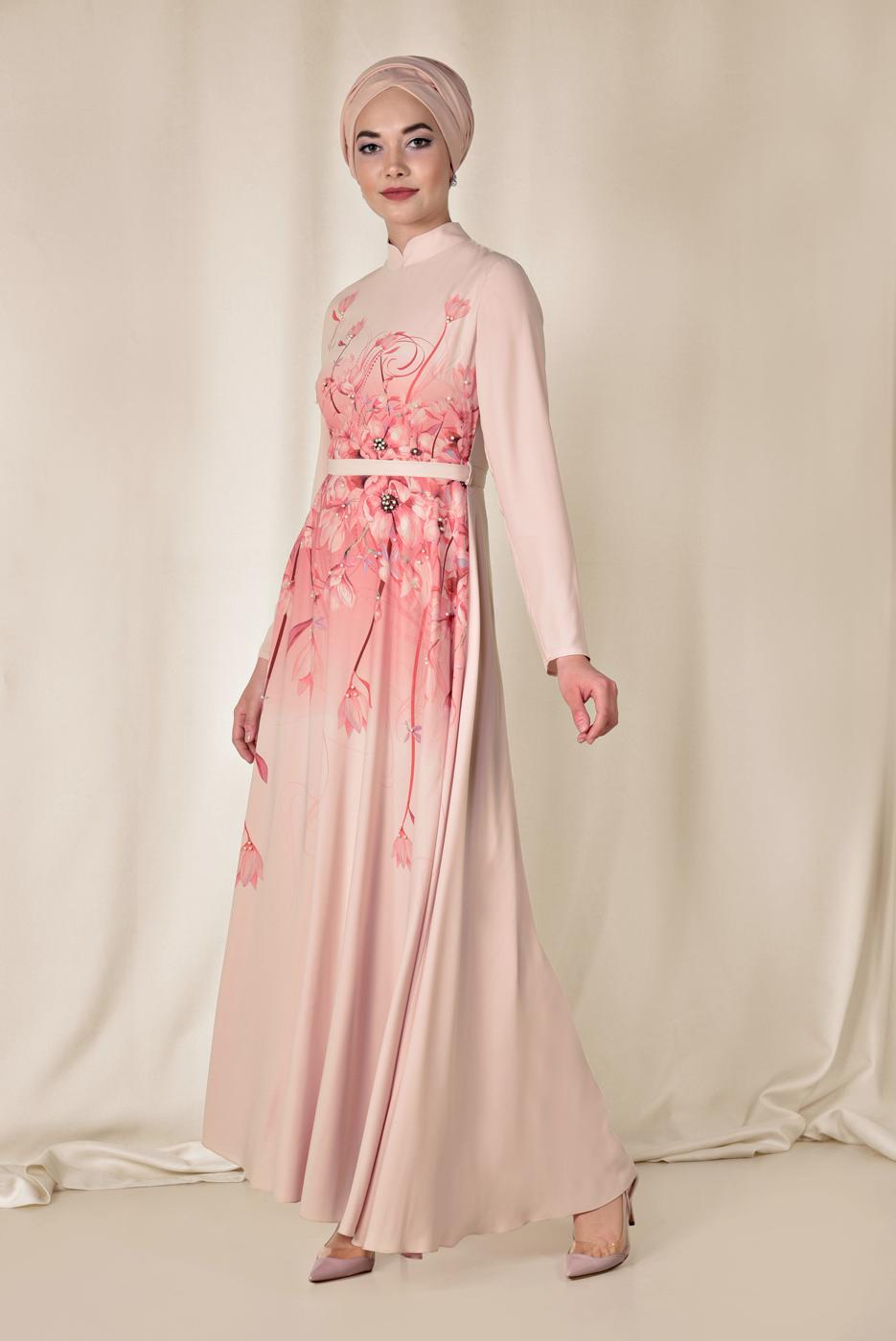 Tesettür giyim PUDRA ALVİNA FLORAL DESENLİ BELİ KUŞAKLI ELBİSE 4144