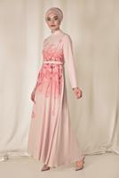 Tesettür giyim PUDRA ALVİNA FLORAL DESENLİ BELİ KUŞAKLI ELBİSE 4144