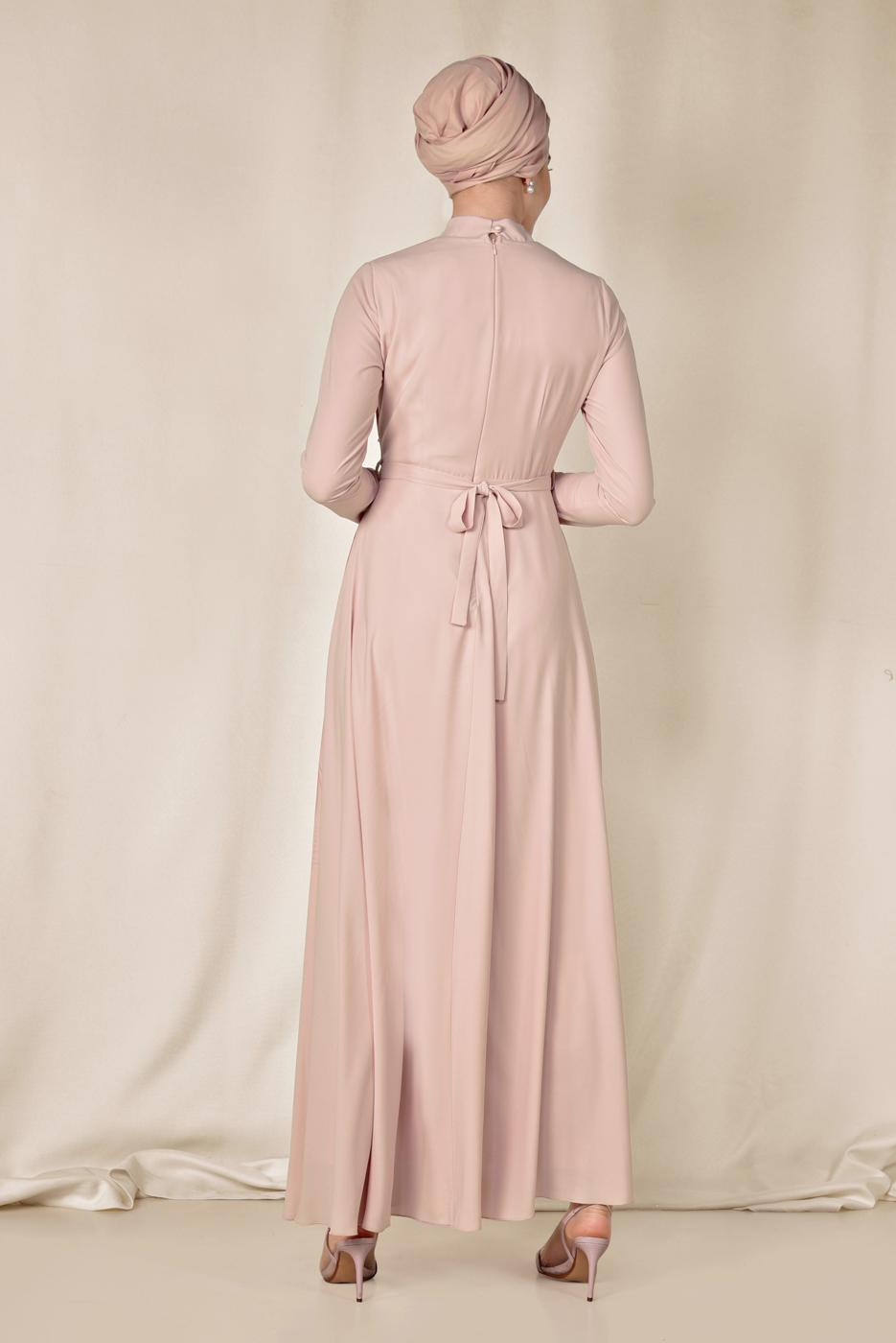 Tesettür giyim PUDRA ALVİNA FLORAL DESENLİ BELİ KUŞAKLI ELBİSE 4144