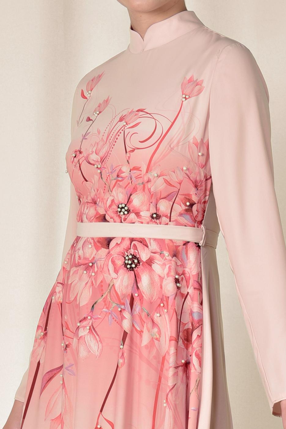 Tesettür giyim PUDRA ALVİNA FLORAL DESENLİ BELİ KUŞAKLI ELBİSE 4144