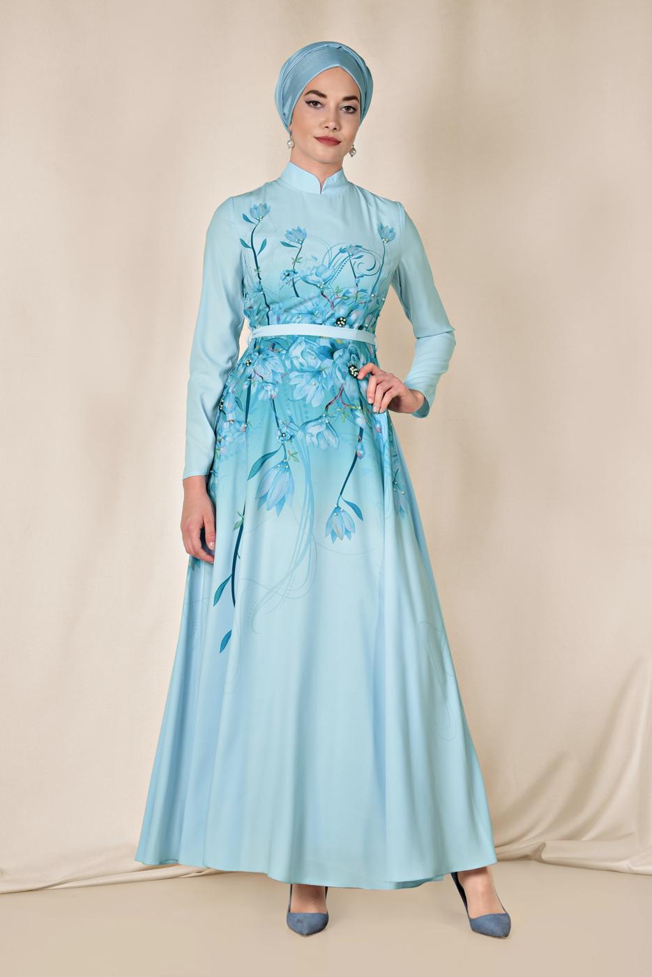 Tesettür giyim MAVİ ALVİNA FLORAL DESENLİ BELİ KUŞAKLI ELBİSE 4144