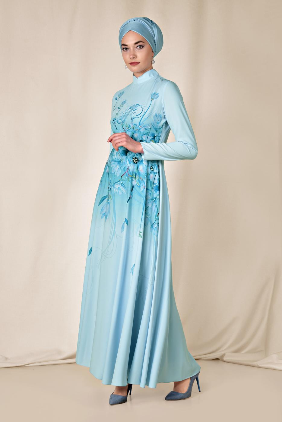 Tesettür giyim MAVİ ALVİNA FLORAL DESENLİ BELİ KUŞAKLI ELBİSE 4144