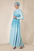 Tesettür giyim MAVİ ALVİNA FLORAL DESENLİ BELİ KUŞAKLI ELBİSE 4144