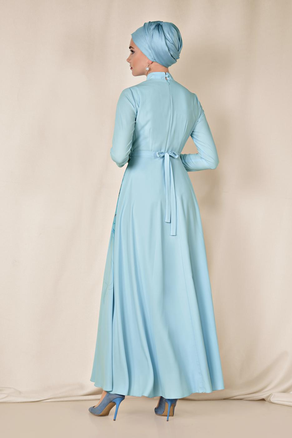 Tesettür giyim MAVİ ALVİNA FLORAL DESENLİ BELİ KUŞAKLI ELBİSE 4144