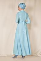 Tesettür giyim MAVİ ALVİNA FLORAL DESENLİ BELİ KUŞAKLI ELBİSE 4144