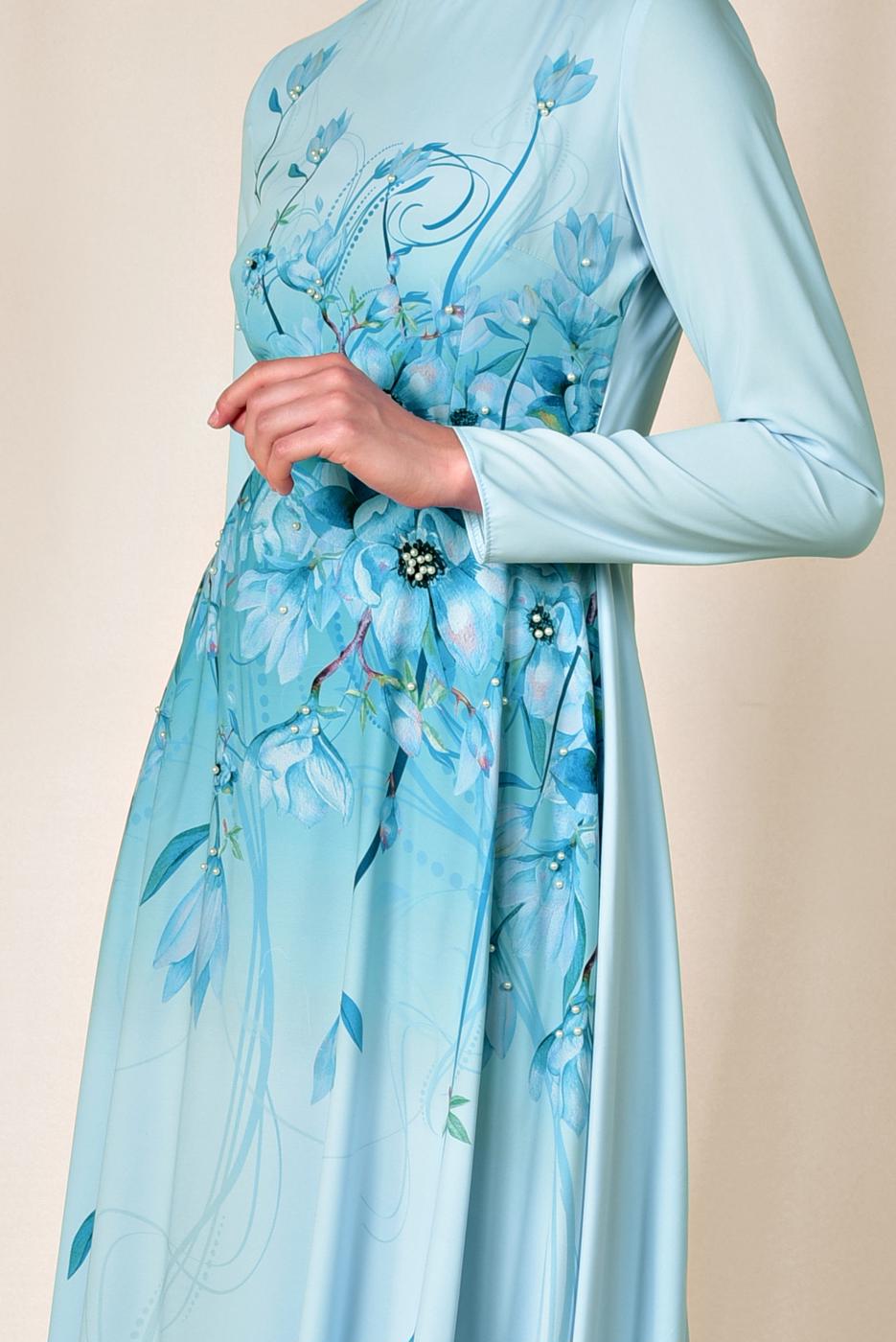 Tesettür giyim MAVİ ALVİNA FLORAL DESENLİ BELİ KUŞAKLI ELBİSE 4144