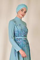 Tesettür giyim MAVİ ALVİNA FLORAL DESENLİ BELİ KUŞAKLI ELBİSE 4144