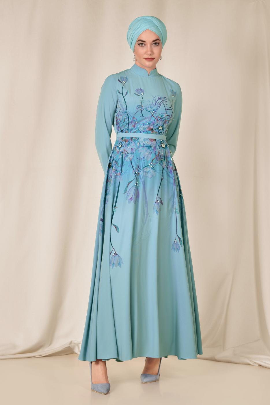 Tesettür giyim MAVİ ALVİNA FLORAL DESENLİ BELİ KUŞAKLI ELBİSE 4144