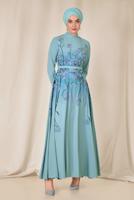 Tesettür giyim MAVİ ALVİNA FLORAL DESENLİ BELİ KUŞAKLI ELBİSE 4144