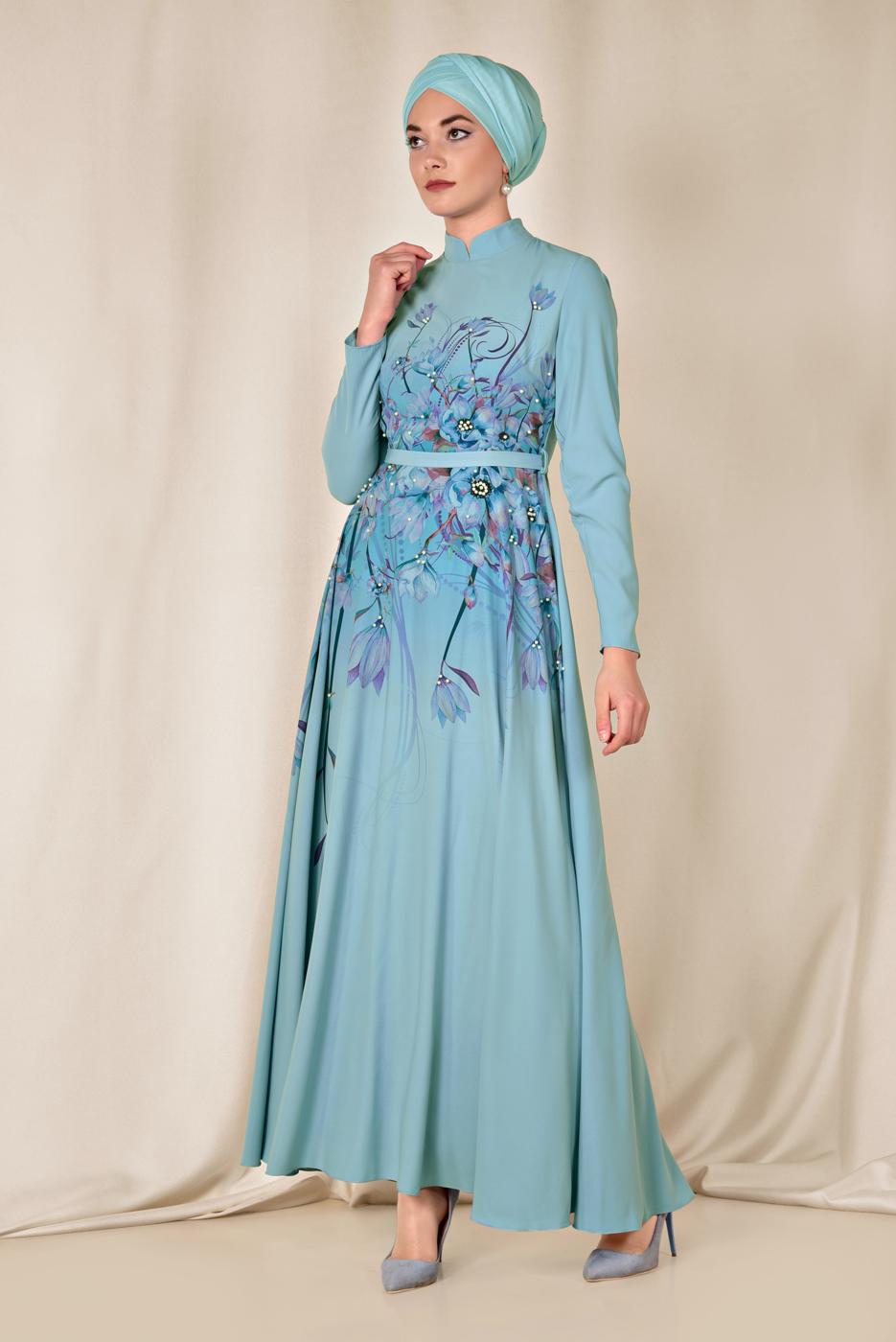 Tesettür giyim MAVİ ALVİNA FLORAL DESENLİ BELİ KUŞAKLI ELBİSE 4144