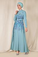 Tesettür giyim MAVİ ALVİNA FLORAL DESENLİ BELİ KUŞAKLI ELBİSE 4144