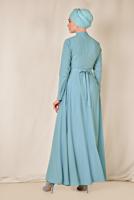 Tesettür giyim MAVİ ALVİNA FLORAL DESENLİ BELİ KUŞAKLI ELBİSE 4144