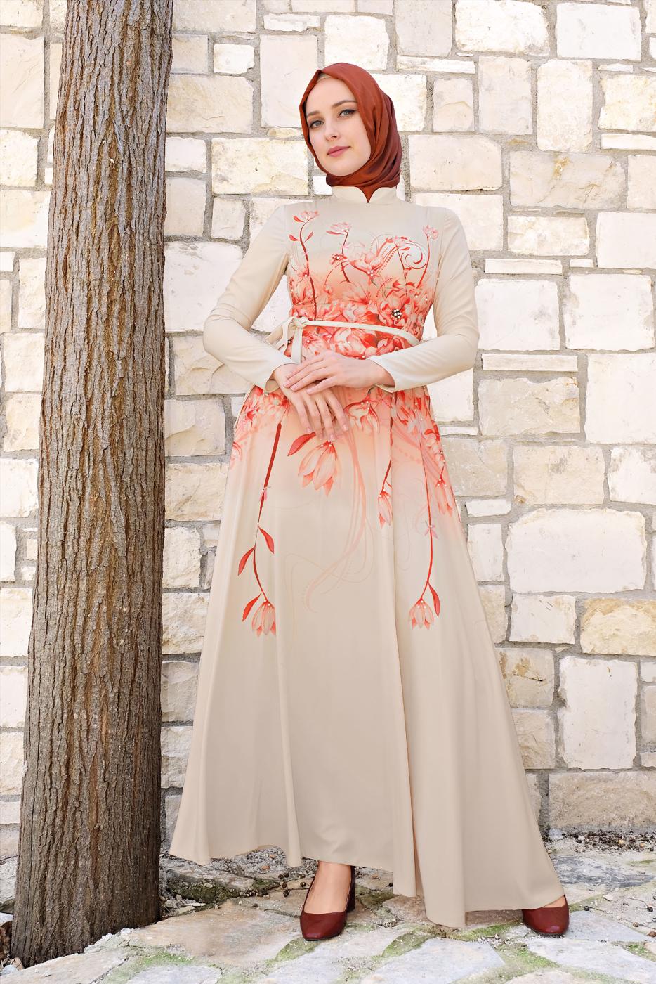 Tesettür giyim EKRU ALVİNA FLORAL DESENLİ BELİ KUŞAKLI ELBİSE 4144