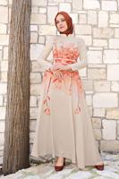 Tesettür giyim EKRU ALVİNA FLORAL DESENLİ BELİ KUŞAKLI ELBİSE 4144