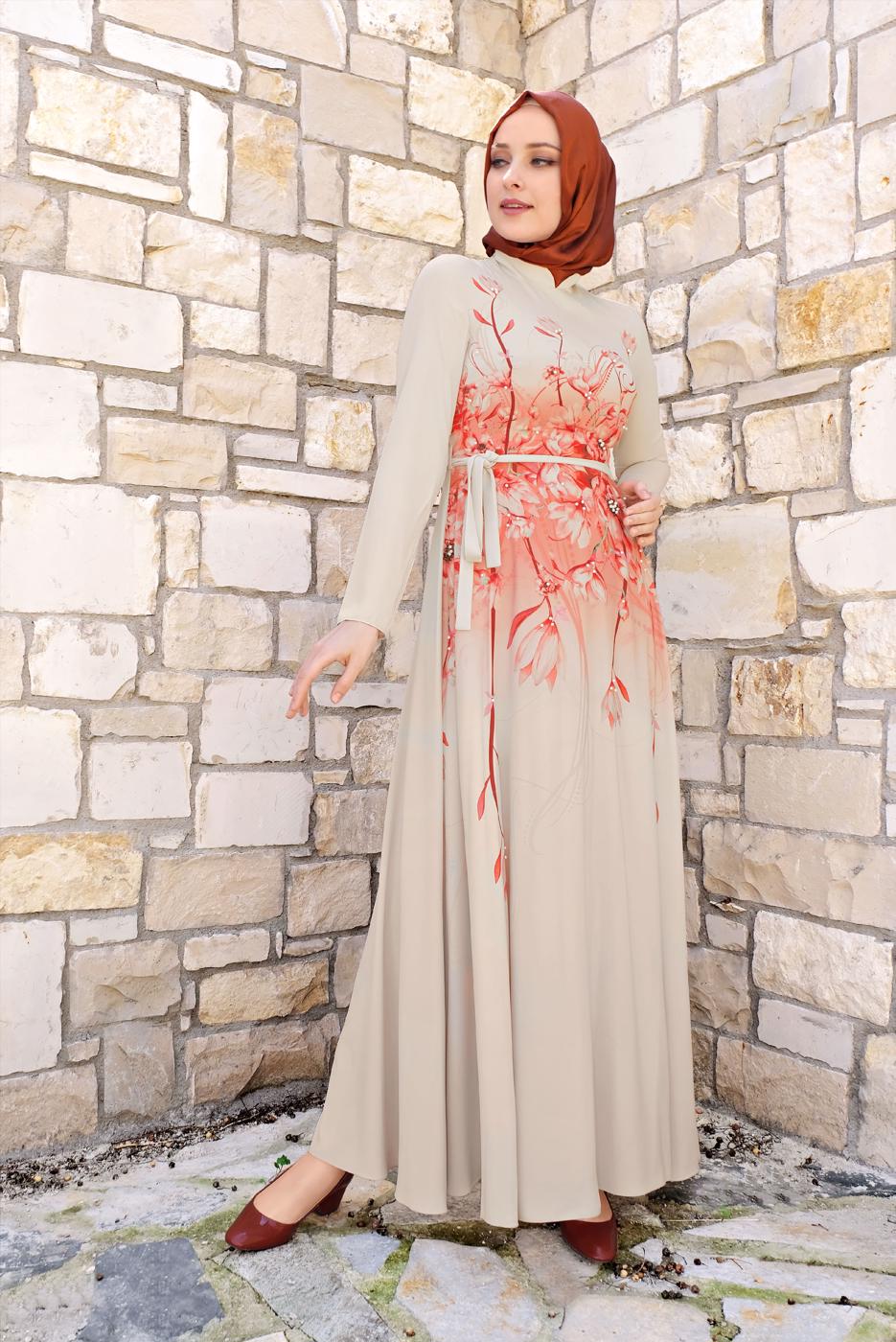 Tesettür giyim EKRU ALVİNA FLORAL DESENLİ BELİ KUŞAKLI ELBİSE 4144