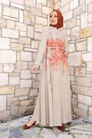 Tesettür giyim EKRU ALVİNA FLORAL DESENLİ BELİ KUŞAKLI ELBİSE 4144
