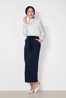 Tesettür giyim LACİVERT ALVİNA BEL KISMI KUŞAKLI ETEK 6372