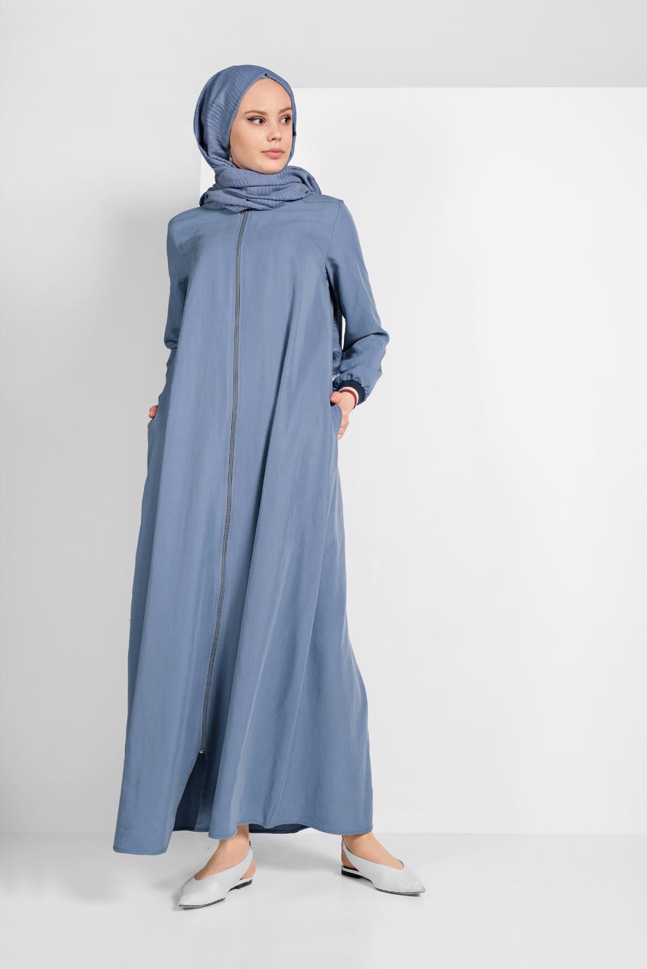 Tesettür giyim MAVİ FERMUARLI DENİM FERACE 27106