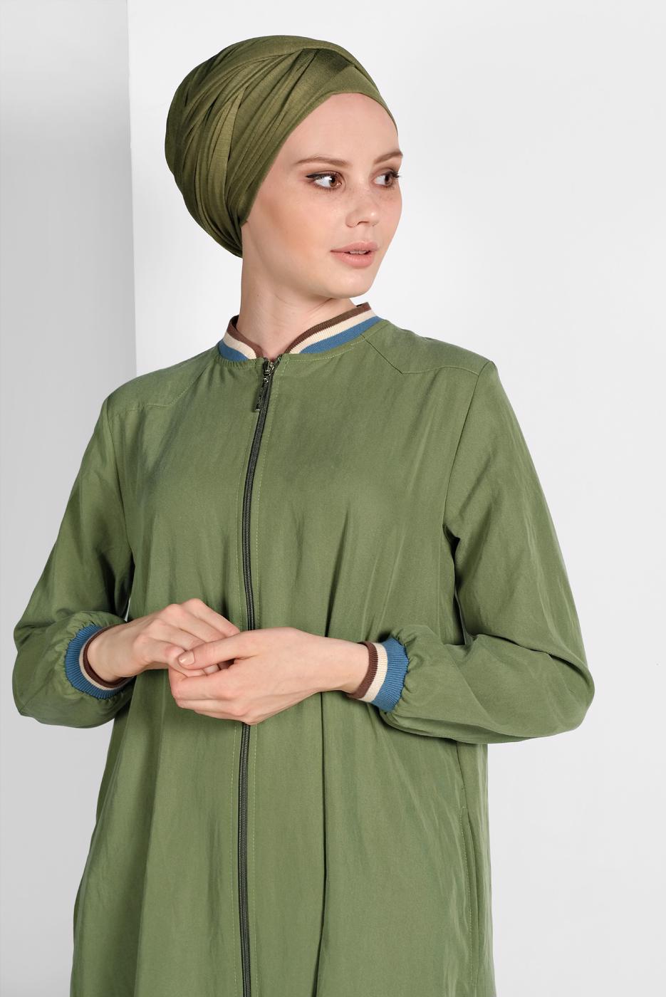 Tesettür giyim YEŞİL FERMUARLI DENİM FERACE 27106