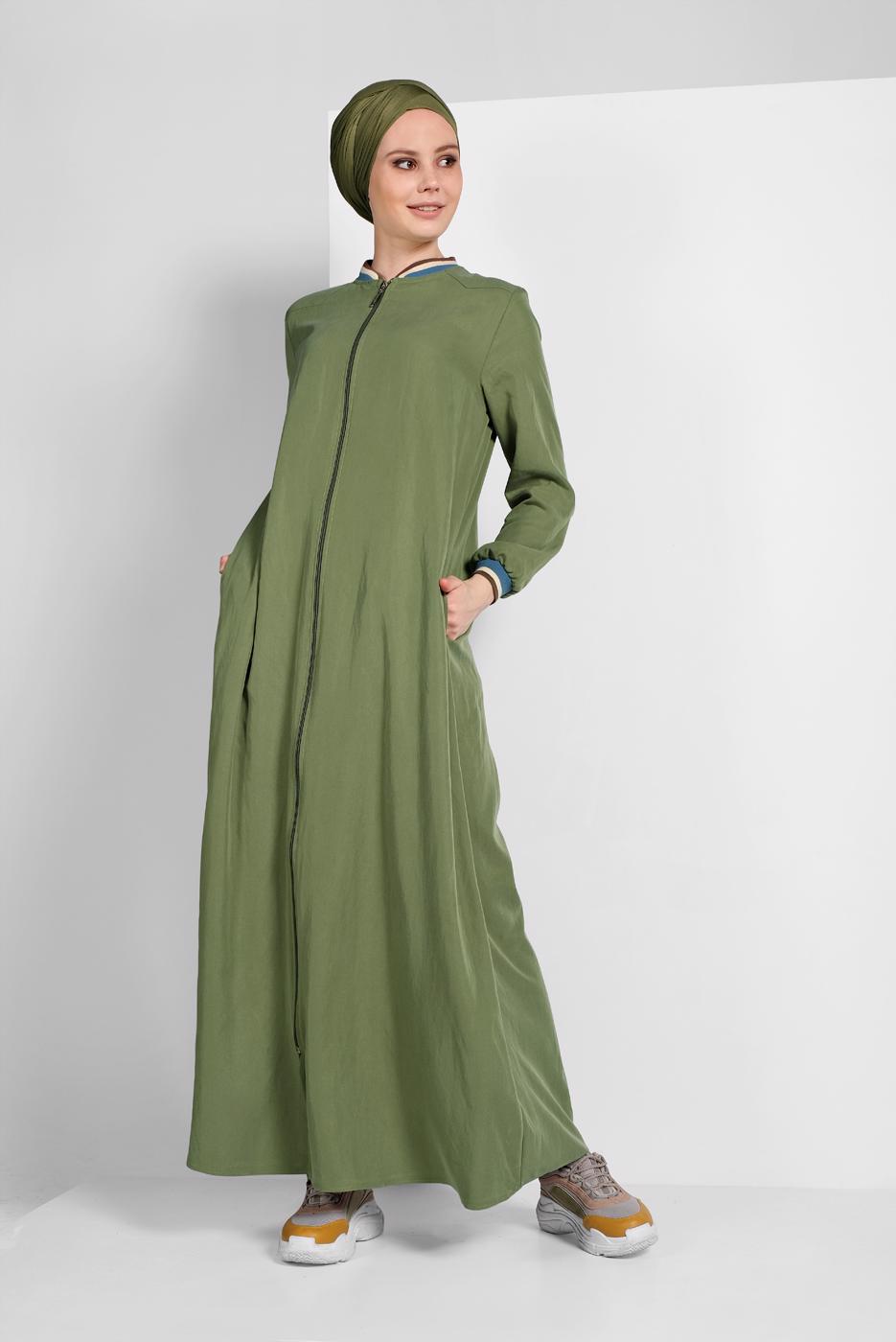 Tesettür giyim YEŞİL FERMUARLI DENİM FERACE 27106