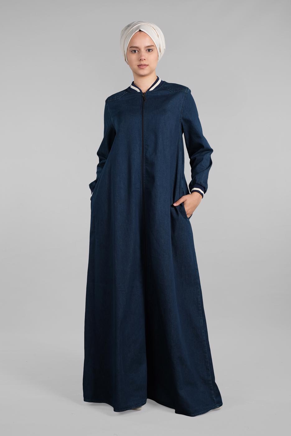 Hijab clothing NAVY BLUE ZIPPED MANDARIN COLLAR TOPCOAT  27106