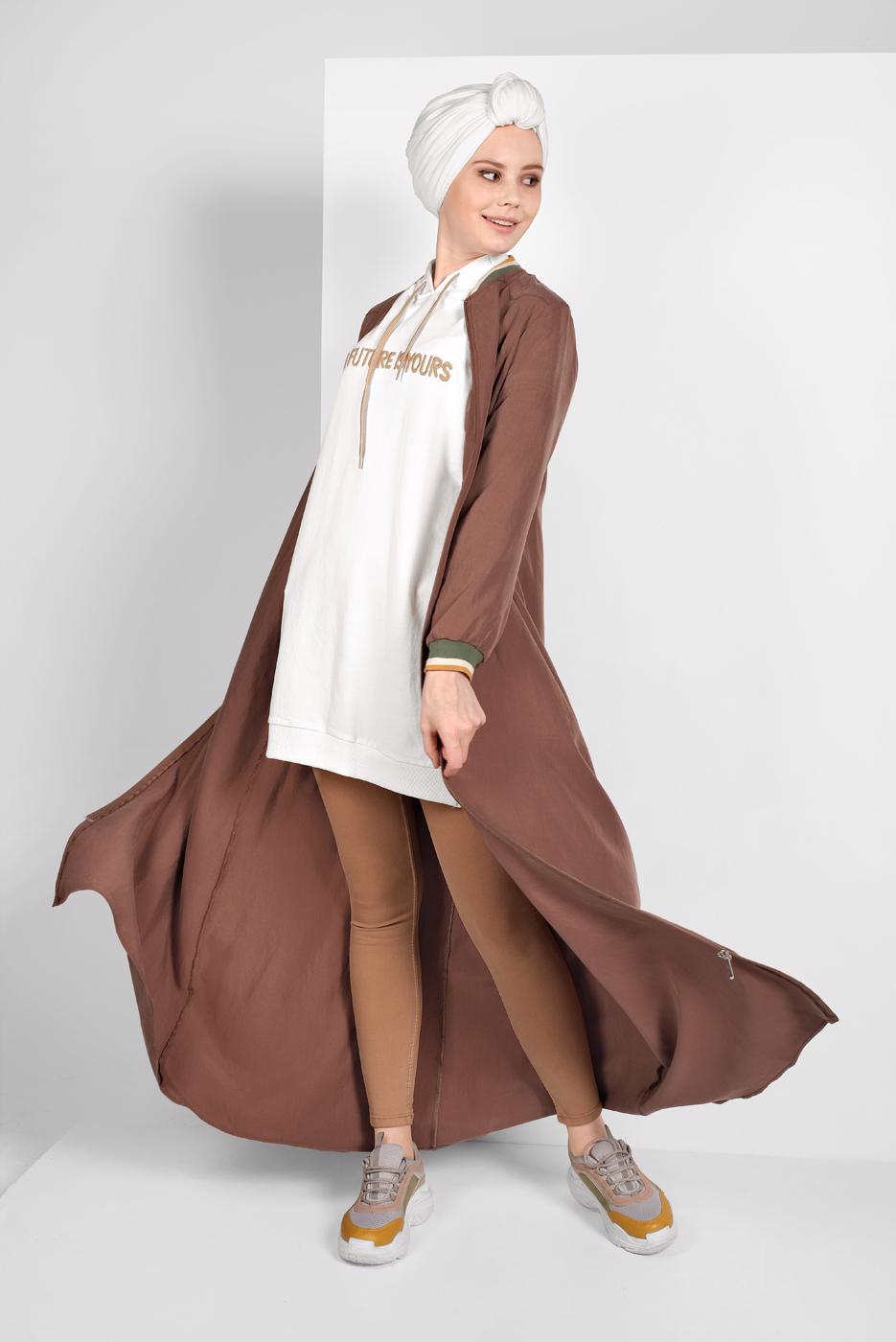 Hijab clothing BROWN ZIPPED MANDARIN COLLAR TOPCOAT  27106