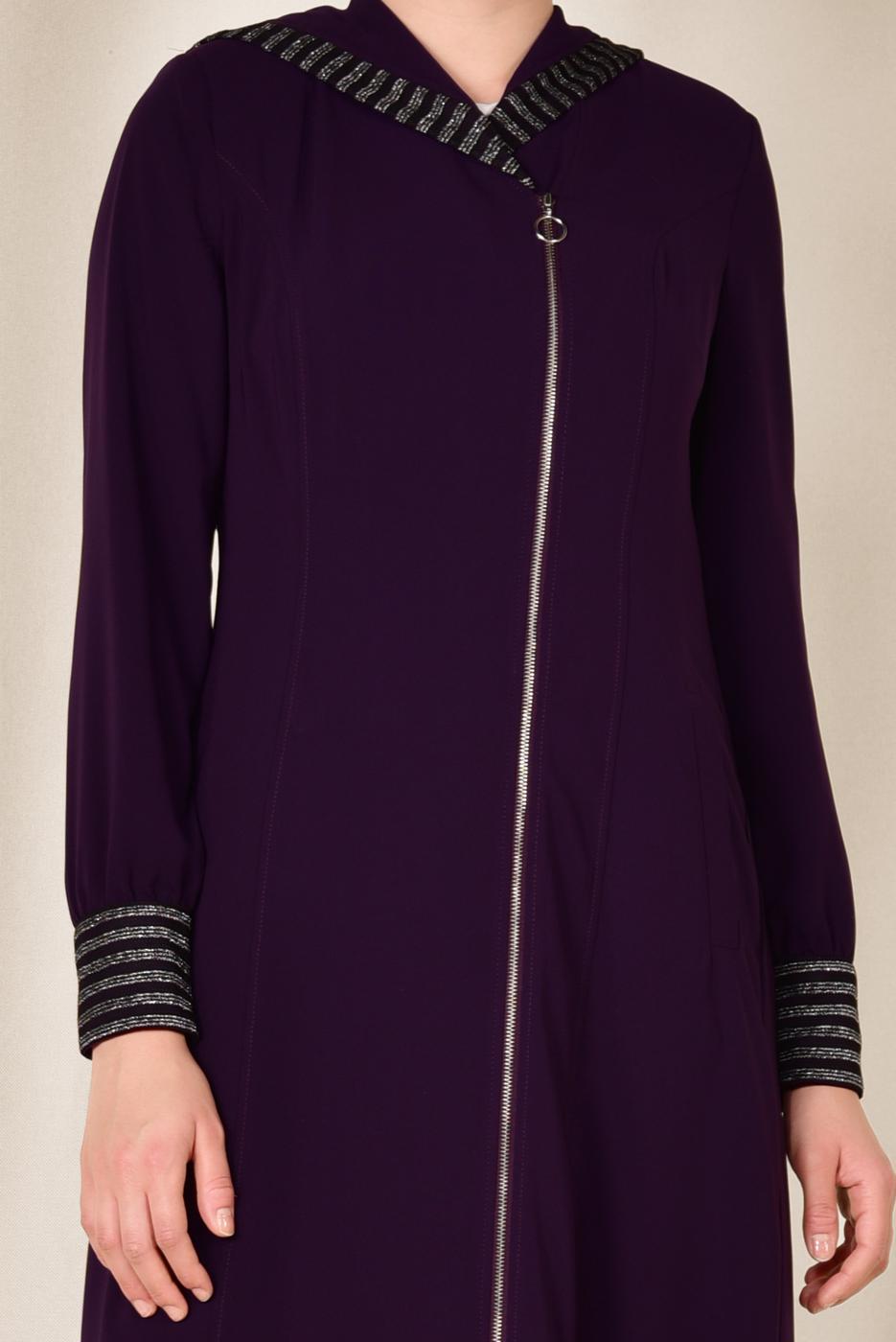 Tesettür giyim MOR ALVİNA SİM ŞERİT DETAYLI KAPÜŞONLU FERACE 8309