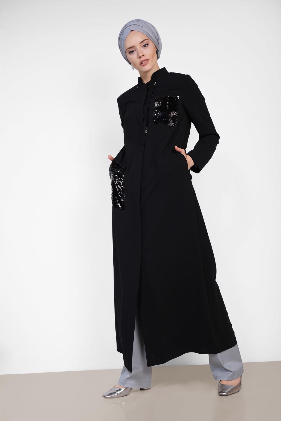 Tesettür giyim SİYAH ALVİNA PUL İŞLEMELİ FERACE 8325
