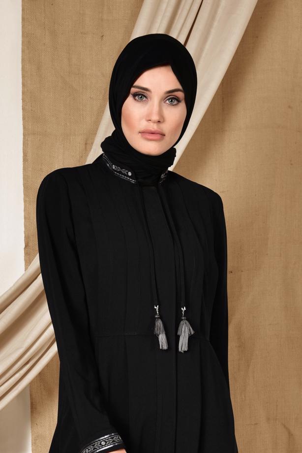 Hijab clothing BLACK ALVINA EMBROIDERED TOPCOAT 1424  - TRENDTESETTÜR