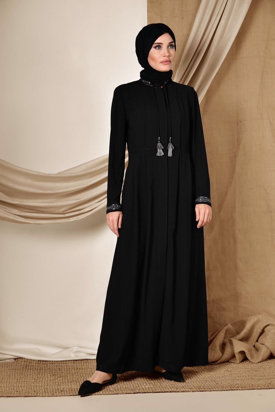Vêtements hijab NOIR ALVINA PARDESSUS BRODÉ 1424