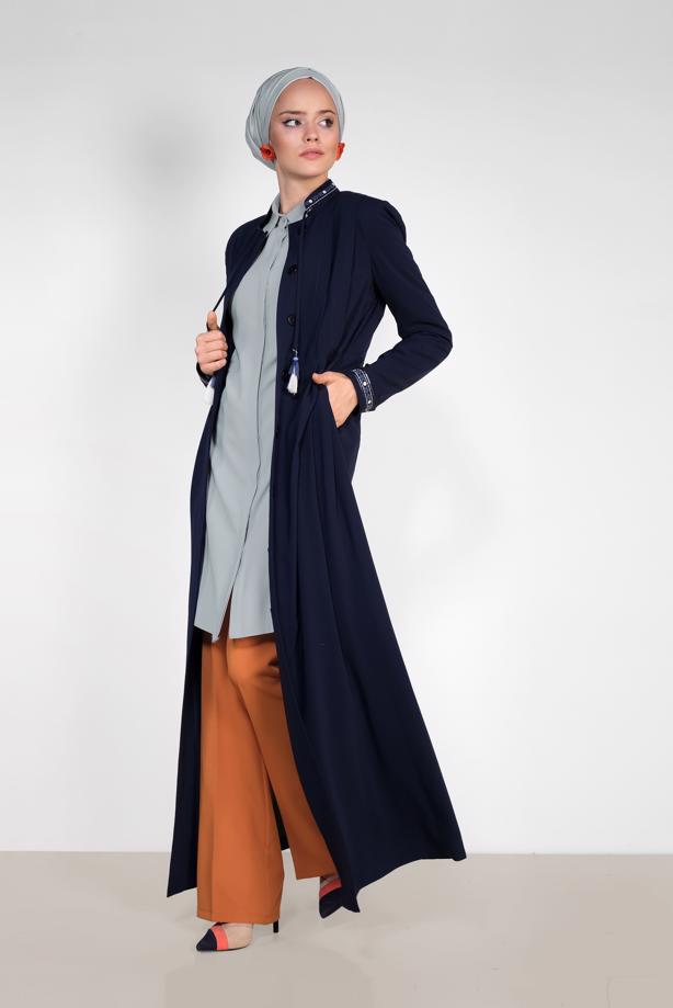 Hijab clothing NAVY BLUE ALVINA EMBROIDERED TOPCOAT 1424  - TRENDTESETTÜR